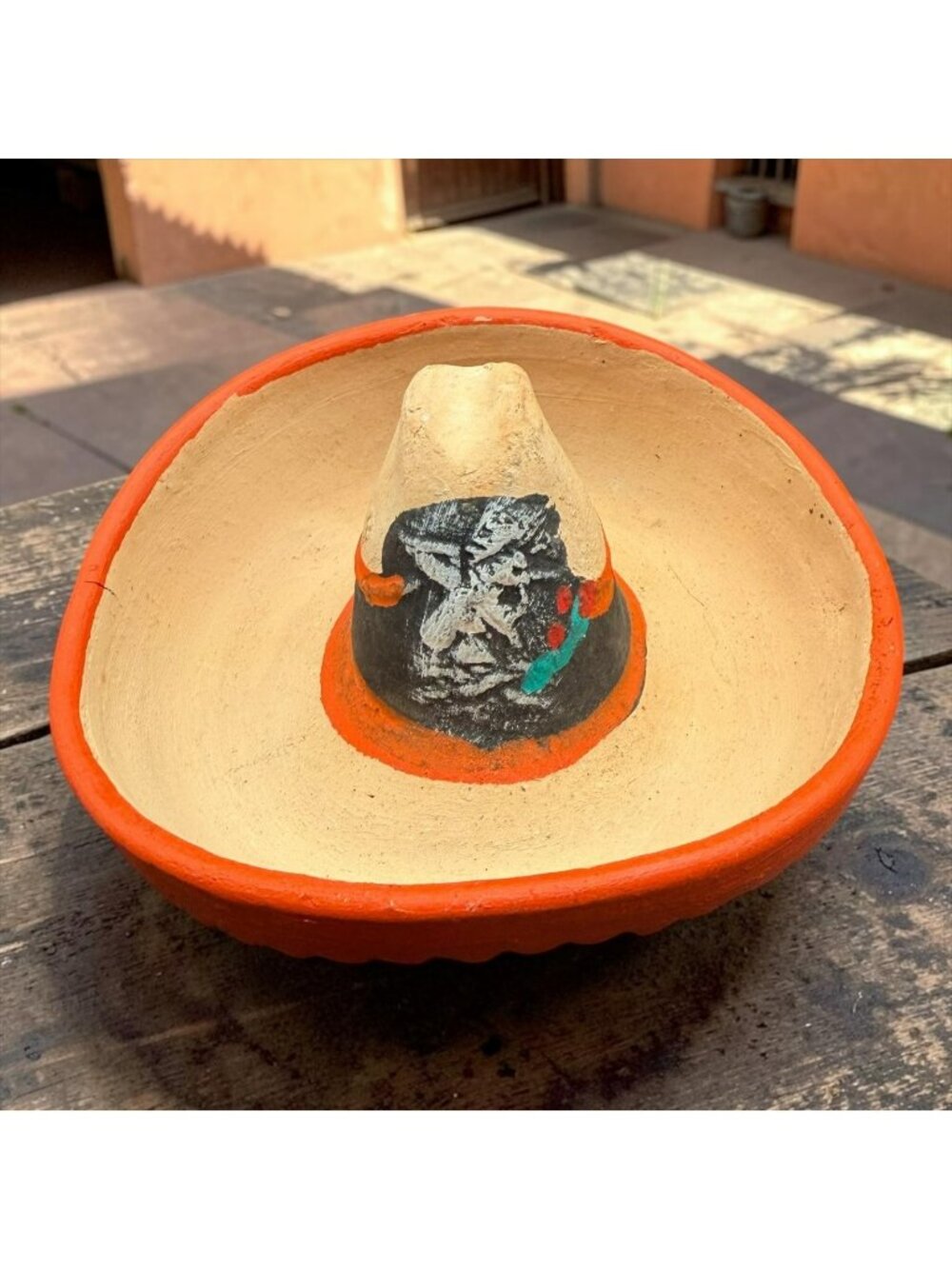 Handcrafted Clay Sombrero Hat Decor Painted Design Orange & Beige Made In Mexico